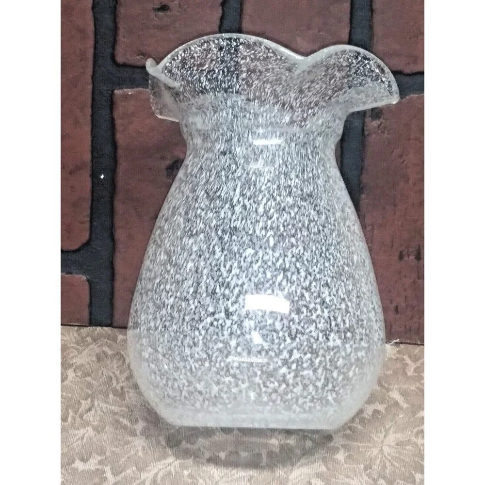 Art Glass Vase Hand Blown Clear With White Splatter Ruffle Top 7” Scalloped edge